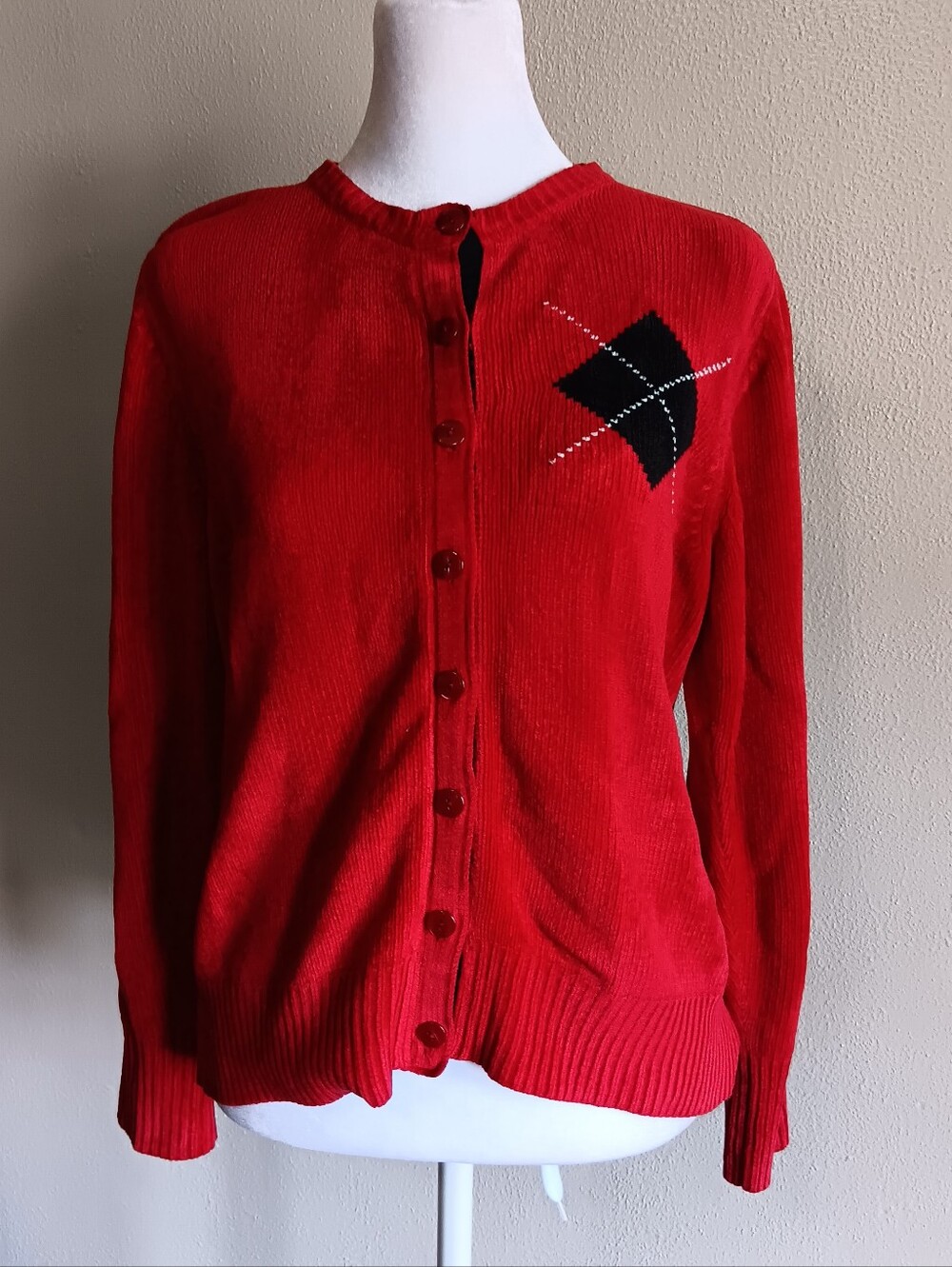 90s Red Button Up Holiday Cardigan Sweater By Karen Scott Petite Medium, Vintage - Picture 2 of 9